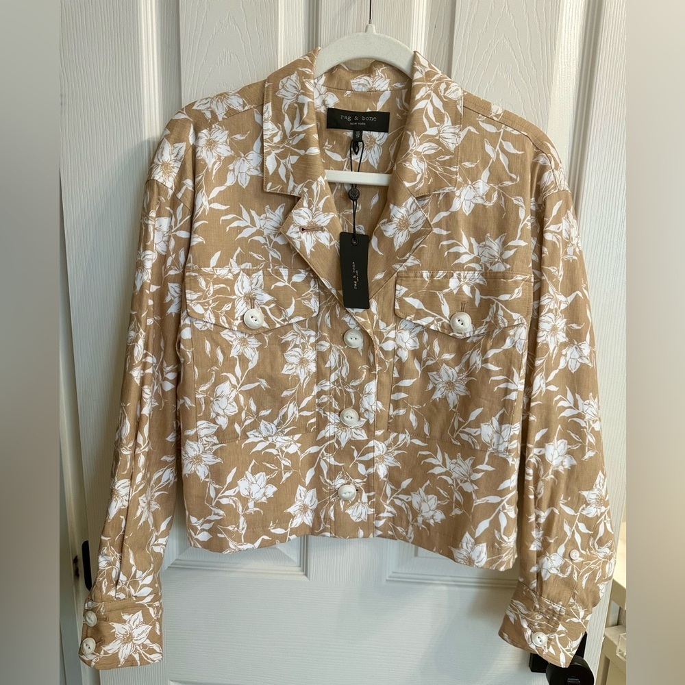 Rag & Bone Jessie Tan Floral Print Linen Blend Bomber Jacket Size M $395 NWT - Picture 6 of 8